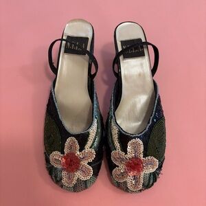 Rare Vintage 90s N.Y.L.A Black Sequin Pink Flower Mule Heels - Size 7 - 8 AS IS